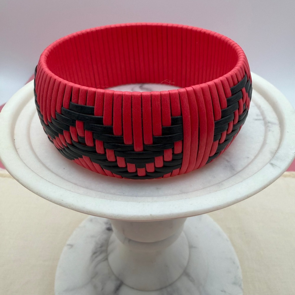 Pink and Black Woven Bangle Bracelet Chunky Geometric Fashion Jewelry